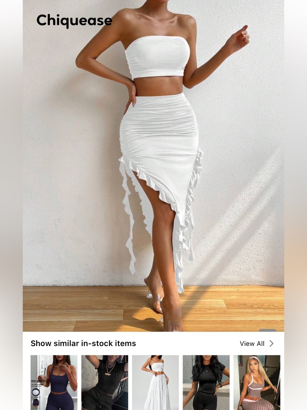 SHEIN White Asymmetrical Ruffle Tie Midi Skirt and Strapless Top